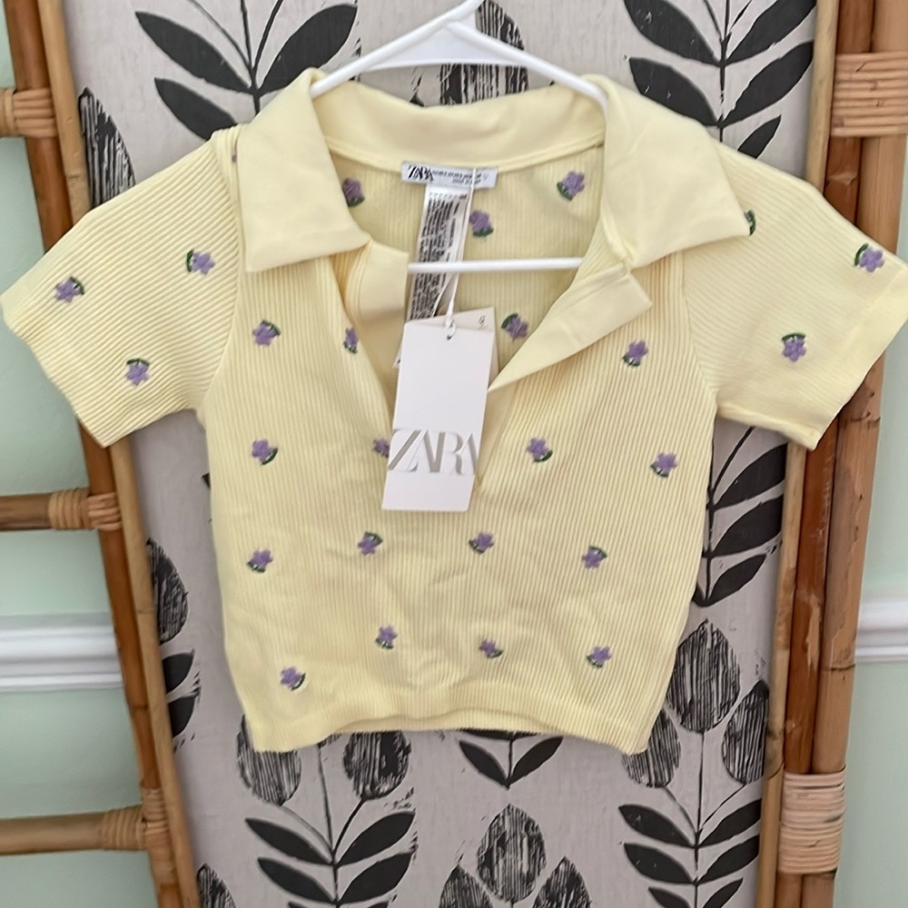 ✴️ NWT ZARA CROPPED YELLOW POLO PURPLE FLORAL 1014/334 SIZE XS SMALL STRETCHY